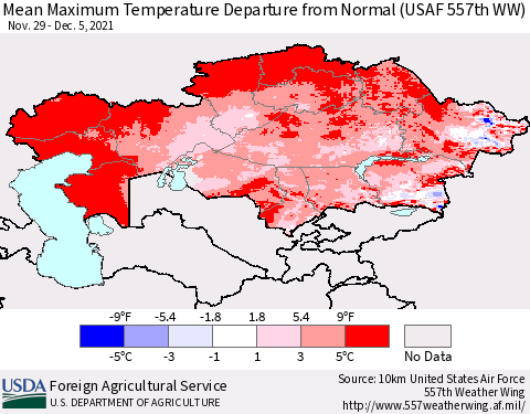 Kazakhstan Mean Maximum Temperature Departure from Normal (USAF 557th WW) Thematic Map For 11/29/2021 - 12/5/2021