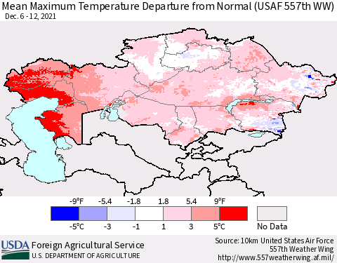 Kazakhstan Mean Maximum Temperature Departure from Normal (USAF 557th WW) Thematic Map For 12/6/2021 - 12/12/2021