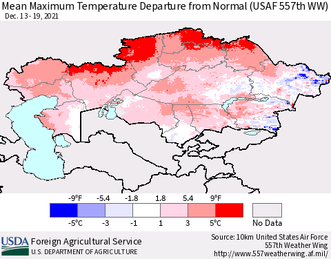 Kazakhstan Mean Maximum Temperature Departure from Normal (USAF 557th WW) Thematic Map For 12/13/2021 - 12/19/2021