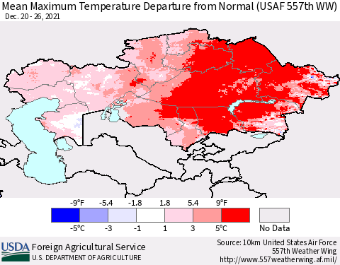 Kazakhstan Mean Maximum Temperature Departure from Normal (USAF 557th WW) Thematic Map For 12/20/2021 - 12/26/2021
