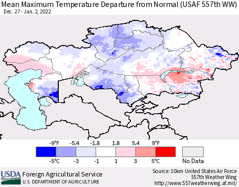 Kazakhstan Mean Maximum Temperature Departure from Normal (USAF 557th WW) Thematic Map For 12/27/2021 - 1/2/2022
