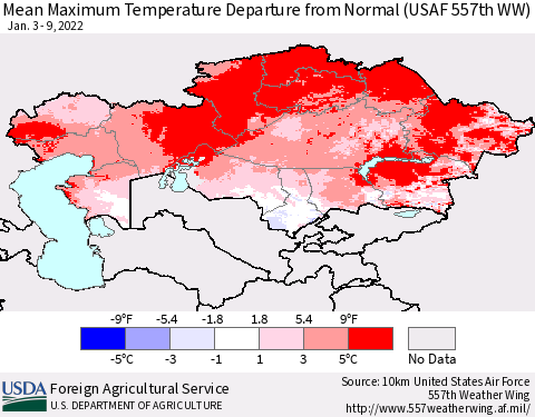 Kazakhstan Mean Maximum Temperature Departure from Normal (USAF 557th WW) Thematic Map For 1/3/2022 - 1/9/2022