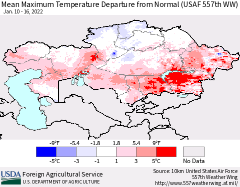 Kazakhstan Mean Maximum Temperature Departure from Normal (USAF 557th WW) Thematic Map For 1/10/2022 - 1/16/2022