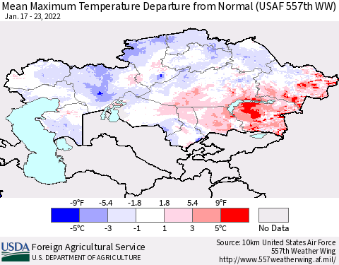 Kazakhstan Mean Maximum Temperature Departure from Normal (USAF 557th WW) Thematic Map For 1/17/2022 - 1/23/2022