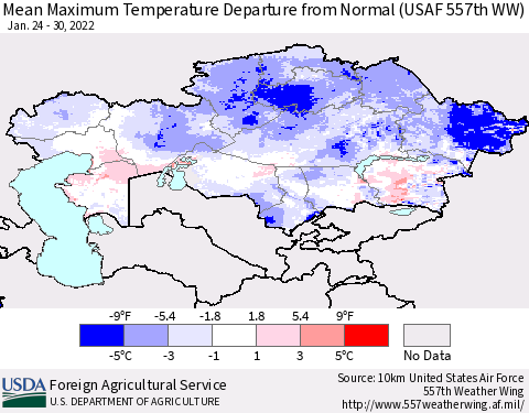 Kazakhstan Mean Maximum Temperature Departure from Normal (USAF 557th WW) Thematic Map For 1/24/2022 - 1/30/2022
