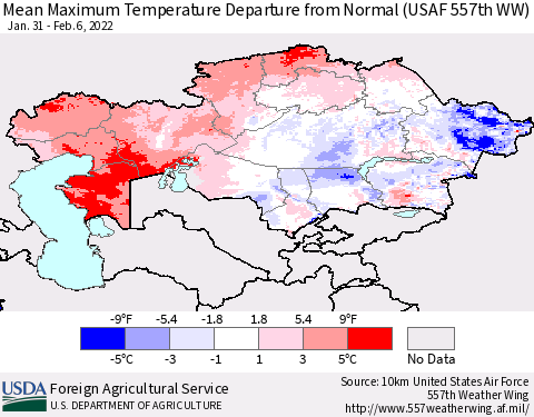 Kazakhstan Mean Maximum Temperature Departure from Normal (USAF 557th WW) Thematic Map For 1/31/2022 - 2/6/2022