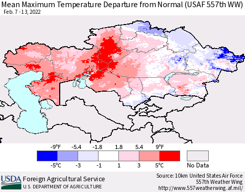 Kazakhstan Mean Maximum Temperature Departure from Normal (USAF 557th WW) Thematic Map For 2/7/2022 - 2/13/2022