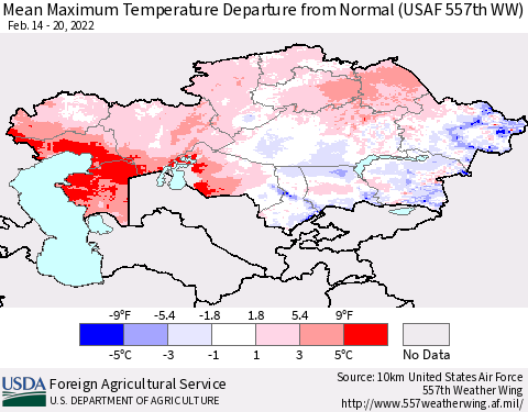 Kazakhstan Mean Maximum Temperature Departure from Normal (USAF 557th WW) Thematic Map For 2/14/2022 - 2/20/2022
