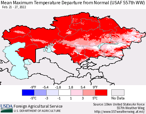 Kazakhstan Mean Maximum Temperature Departure from Normal (USAF 557th WW) Thematic Map For 2/21/2022 - 2/27/2022