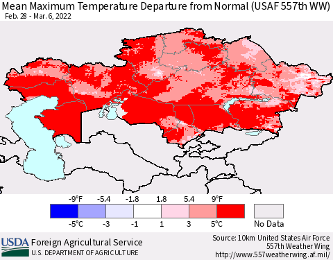 Kazakhstan Mean Maximum Temperature Departure from Normal (USAF 557th WW) Thematic Map For 2/28/2022 - 3/6/2022