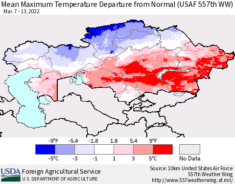 Kazakhstan Mean Maximum Temperature Departure from Normal (USAF 557th WW) Thematic Map For 3/7/2022 - 3/13/2022