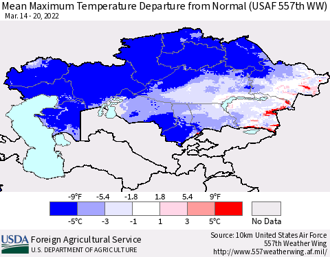 Kazakhstan Mean Maximum Temperature Departure from Normal (USAF 557th WW) Thematic Map For 3/14/2022 - 3/20/2022