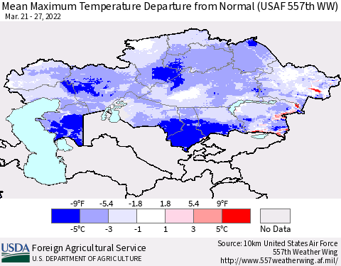 Kazakhstan Mean Maximum Temperature Departure from Normal (USAF 557th WW) Thematic Map For 3/21/2022 - 3/27/2022