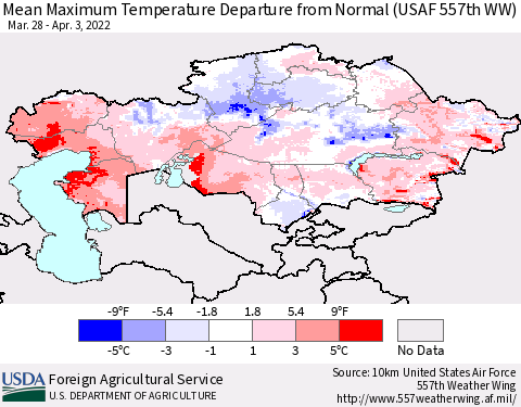 Kazakhstan Mean Maximum Temperature Departure from Normal (USAF 557th WW) Thematic Map For 3/28/2022 - 4/3/2022
