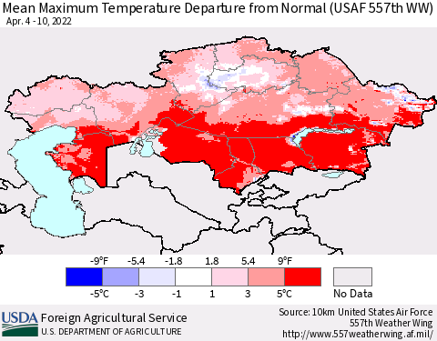 Kazakhstan Mean Maximum Temperature Departure from Normal (USAF 557th WW) Thematic Map For 4/4/2022 - 4/10/2022