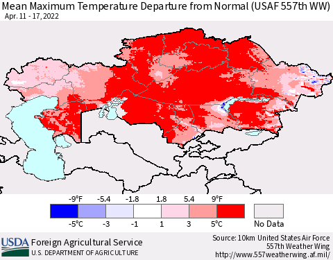Kazakhstan Mean Maximum Temperature Departure from Normal (USAF 557th WW) Thematic Map For 4/11/2022 - 4/17/2022
