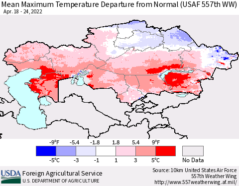 Kazakhstan Mean Maximum Temperature Departure from Normal (USAF 557th WW) Thematic Map For 4/18/2022 - 4/24/2022