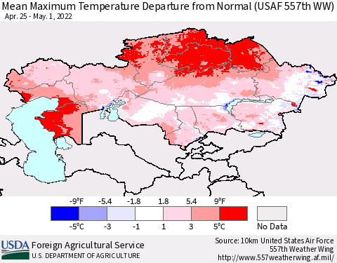 Kazakhstan Mean Maximum Temperature Departure from Normal (USAF 557th WW) Thematic Map For 4/25/2022 - 5/1/2022