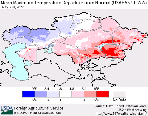 Kazakhstan Mean Maximum Temperature Departure from Normal (USAF 557th WW) Thematic Map For 5/2/2022 - 5/8/2022