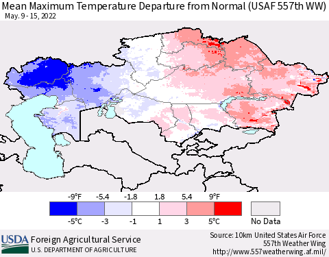 Kazakhstan Mean Maximum Temperature Departure from Normal (USAF 557th WW) Thematic Map For 5/9/2022 - 5/15/2022