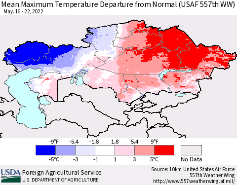 Kazakhstan Mean Maximum Temperature Departure from Normal (USAF 557th WW) Thematic Map For 5/16/2022 - 5/22/2022