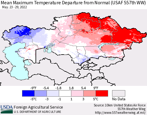 Kazakhstan Mean Maximum Temperature Departure from Normal (USAF 557th WW) Thematic Map For 5/23/2022 - 5/29/2022