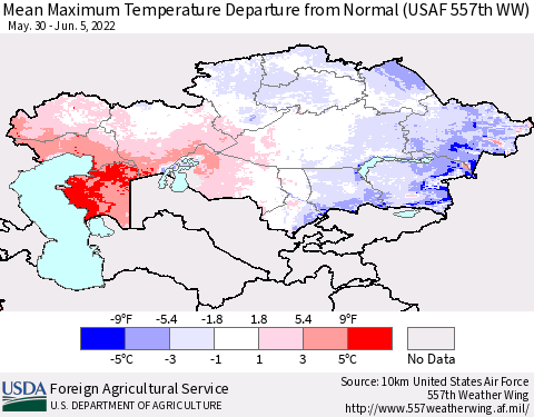 Kazakhstan Mean Maximum Temperature Departure from Normal (USAF 557th WW) Thematic Map For 5/30/2022 - 6/5/2022