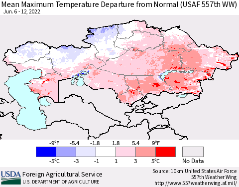 Kazakhstan Mean Maximum Temperature Departure from Normal (USAF 557th WW) Thematic Map For 6/6/2022 - 6/12/2022