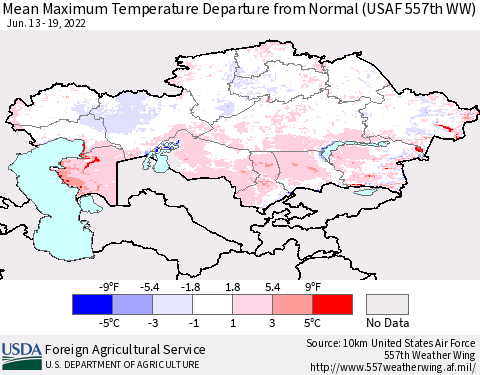 Kazakhstan Mean Maximum Temperature Departure from Normal (USAF 557th WW) Thematic Map For 6/13/2022 - 6/19/2022