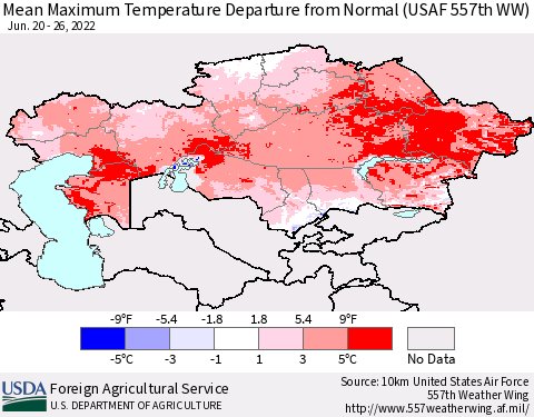 Kazakhstan Mean Maximum Temperature Departure from Normal (USAF 557th WW) Thematic Map For 6/20/2022 - 6/26/2022
