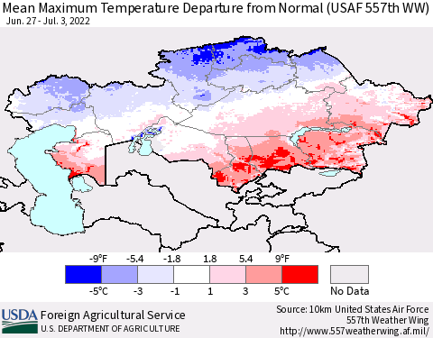 Kazakhstan Mean Maximum Temperature Departure from Normal (USAF 557th WW) Thematic Map For 6/27/2022 - 7/3/2022