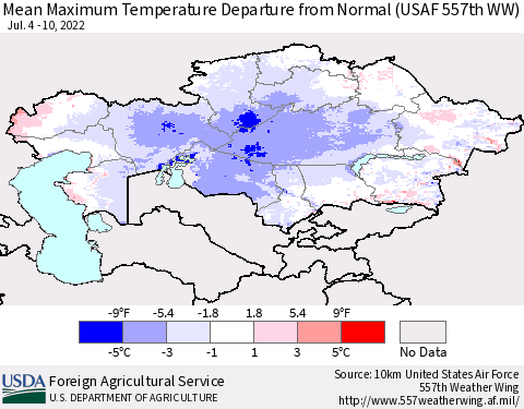 Kazakhstan Mean Maximum Temperature Departure from Normal (USAF 557th WW) Thematic Map For 7/4/2022 - 7/10/2022