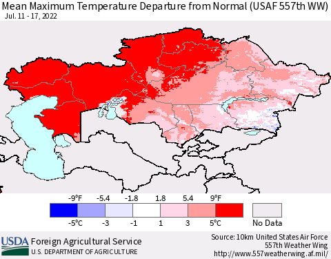 Kazakhstan Mean Maximum Temperature Departure from Normal (USAF 557th WW) Thematic Map For 7/11/2022 - 7/17/2022