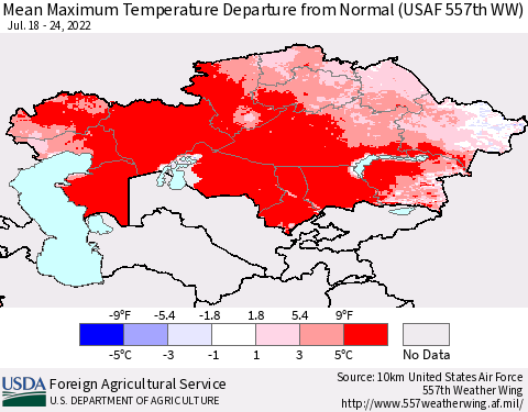 Kazakhstan Mean Maximum Temperature Departure from Normal (USAF 557th WW) Thematic Map For 7/18/2022 - 7/24/2022
