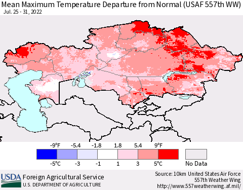Kazakhstan Mean Maximum Temperature Departure from Normal (USAF 557th WW) Thematic Map For 7/25/2022 - 7/31/2022
