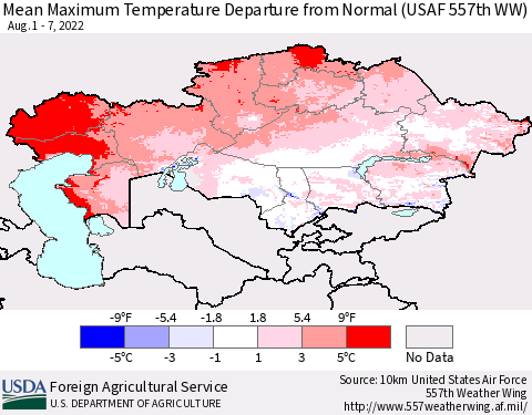 Kazakhstan Mean Maximum Temperature Departure from Normal (USAF 557th WW) Thematic Map For 8/1/2022 - 8/7/2022