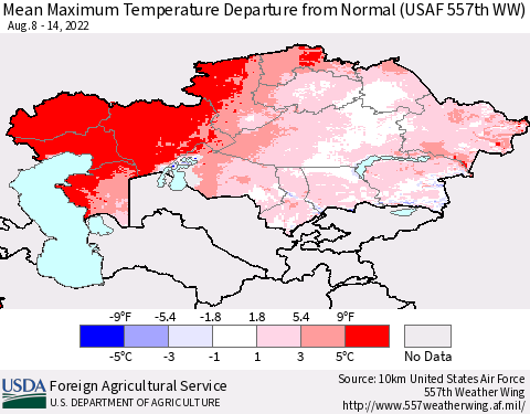 Kazakhstan Mean Maximum Temperature Departure from Normal (USAF 557th WW) Thematic Map For 8/8/2022 - 8/14/2022