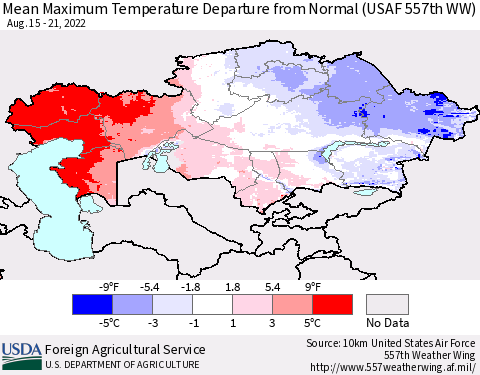 Kazakhstan Mean Maximum Temperature Departure from Normal (USAF 557th WW) Thematic Map For 8/15/2022 - 8/21/2022