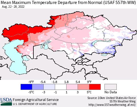 Kazakhstan Mean Maximum Temperature Departure from Normal (USAF 557th WW) Thematic Map For 8/22/2022 - 8/28/2022