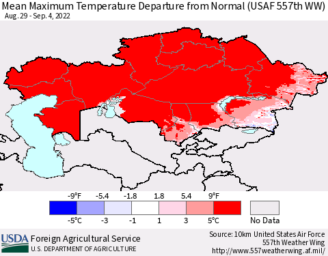 Kazakhstan Mean Maximum Temperature Departure from Normal (USAF 557th WW) Thematic Map For 8/29/2022 - 9/4/2022