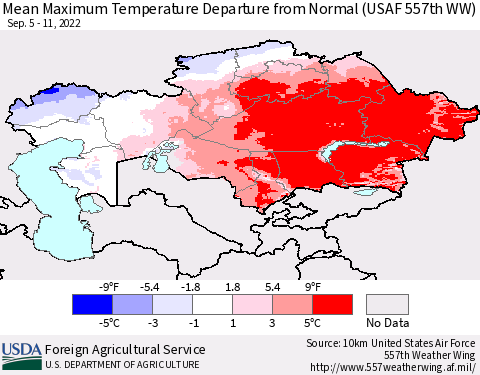 Kazakhstan Mean Maximum Temperature Departure from Normal (USAF 557th WW) Thematic Map For 9/5/2022 - 9/11/2022