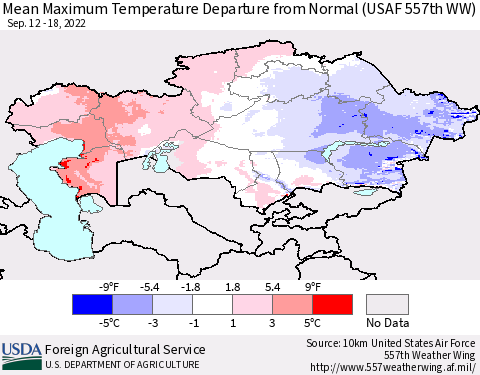 Kazakhstan Mean Maximum Temperature Departure from Normal (USAF 557th WW) Thematic Map For 9/12/2022 - 9/18/2022