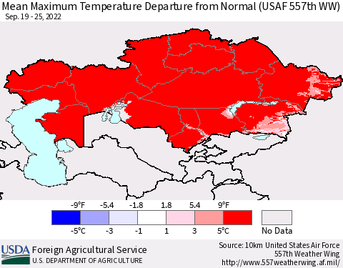 Kazakhstan Mean Maximum Temperature Departure from Normal (USAF 557th WW) Thematic Map For 9/19/2022 - 9/25/2022