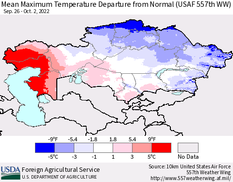 Kazakhstan Mean Maximum Temperature Departure from Normal (USAF 557th WW) Thematic Map For 9/26/2022 - 10/2/2022