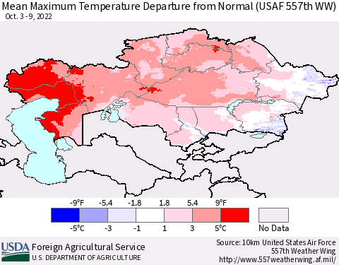 Kazakhstan Mean Maximum Temperature Departure from Normal (USAF 557th WW) Thematic Map For 10/3/2022 - 10/9/2022