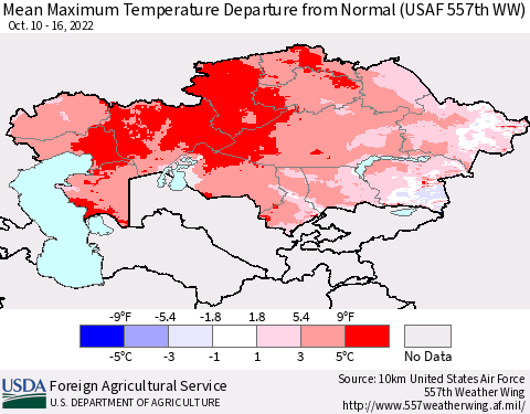 Kazakhstan Mean Maximum Temperature Departure from Normal (USAF 557th WW) Thematic Map For 10/10/2022 - 10/16/2022