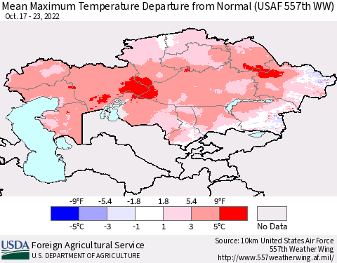 Kazakhstan Mean Maximum Temperature Departure from Normal (USAF 557th WW) Thematic Map For 10/17/2022 - 10/23/2022