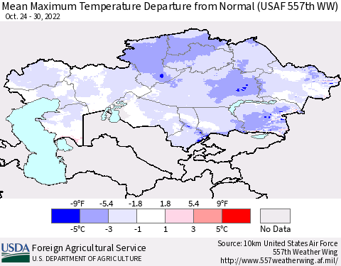 Kazakhstan Mean Maximum Temperature Departure from Normal (USAF 557th WW) Thematic Map For 10/24/2022 - 10/30/2022