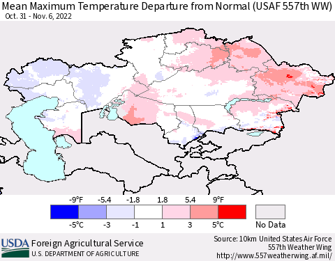 Kazakhstan Mean Maximum Temperature Departure from Normal (USAF 557th WW) Thematic Map For 10/31/2022 - 11/6/2022