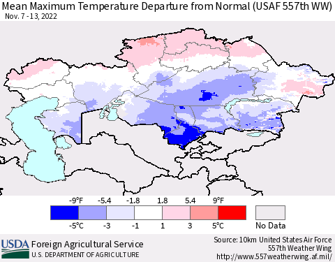 Kazakhstan Mean Maximum Temperature Departure from Normal (USAF 557th WW) Thematic Map For 11/7/2022 - 11/13/2022